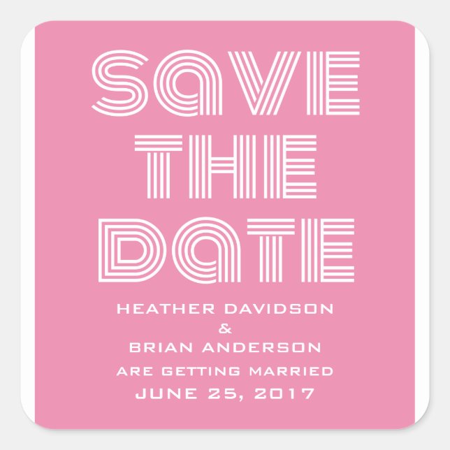 Retro Save the Date Stickers, Pink Square Sticker (Front)
