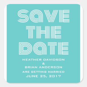 Retro Save the Date Stickers, Turquoise Square Sticker