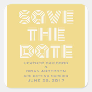 Retro Save the Date Stickers, Yellow Square Sticker