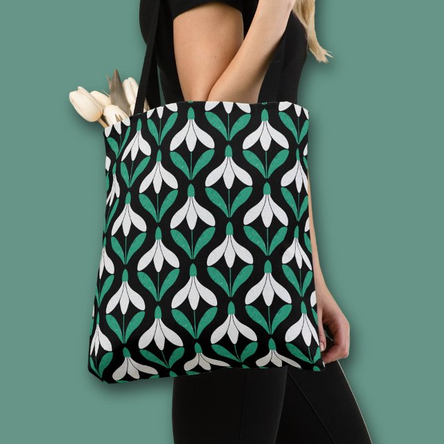 Retro Scandi Mid Century Modern Snowdrop pattern Tote Bag (Snow drop floral all over print tote bag)