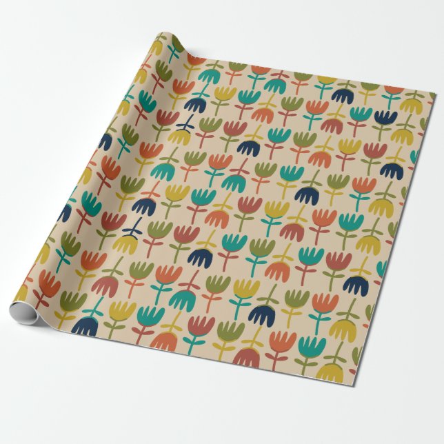 Retro Scandi Tulips Midcentury Floral Pattern Wrapping Paper (Unrolled)