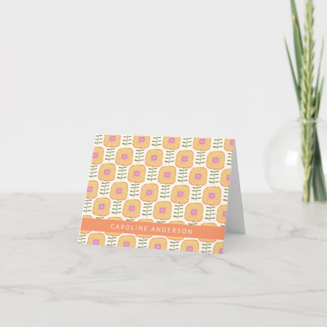 Retro Scandi Yellow Folk Flowers Personalised   Note Card (Front)