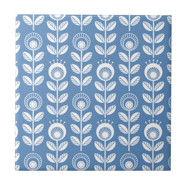 Retro Scandinavian Blue Pattern Ceramic Tile (Front)