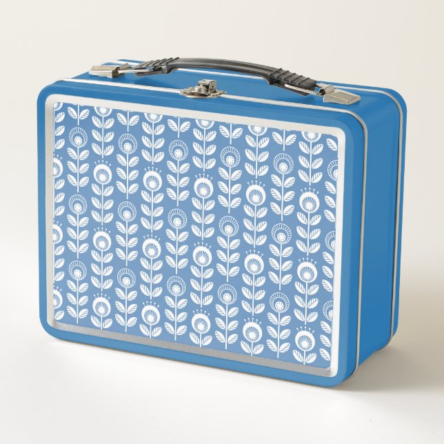 Retro Scandinavian Blue Pattern Metal Lunch Box (Front)