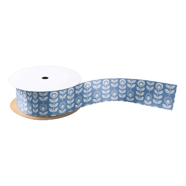 Retro Scandinavian Blue Pattern Satin Ribbon (Spool)