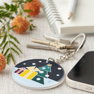 Retro Scandinavian Christmas Tree Gifts Art Key Ring