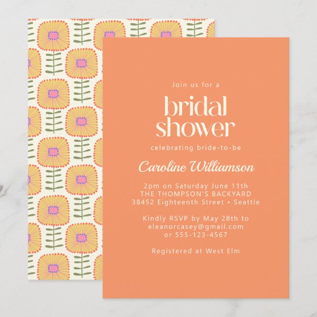 Retro Scandinavian Coral Flower Bridal Shower Invitation (Front/Back)