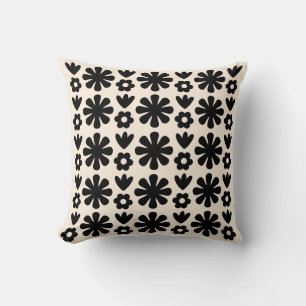 Retro Scandinavian Floral Pattern Black & Cream Cushion
