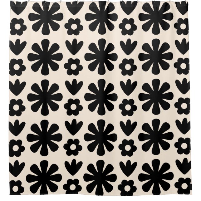 Retro Scandinavian Floral Pattern Black & Cream Shower Curtain (Front)