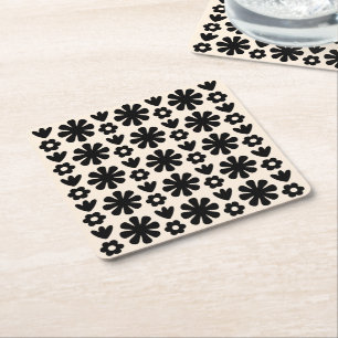Retro Scandinavian Floral Pattern Black & Cream Square Paper Coaster