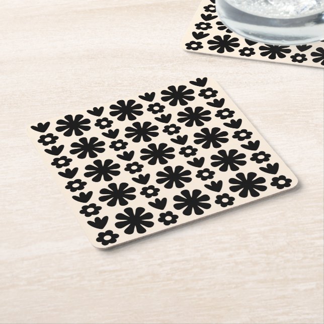 Retro Scandinavian Floral Pattern Black & Cream Square Paper Coaster (Angled)
