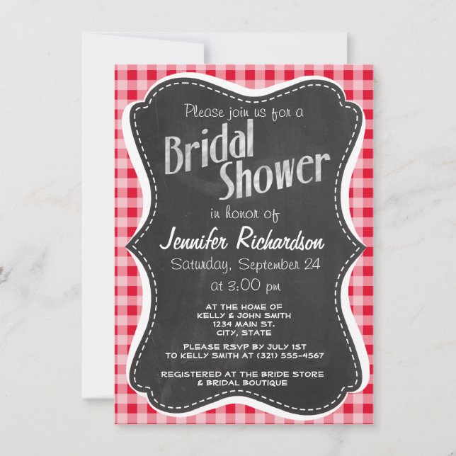 Retro Scarlet Red Gingham; Chalkboard look Invitation (Front)