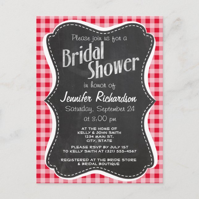Retro Scarlet Red Gingham; Chalkboard look Invitation Postcard (Front)