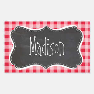 Retro Scarlet Red Gingham; Chalkboard look Rectangular Sticker