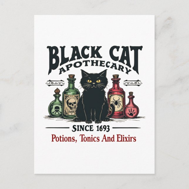 Retro Scary Black Cat Apothecary Witchy Wicca  Holiday Postcard (Front)
