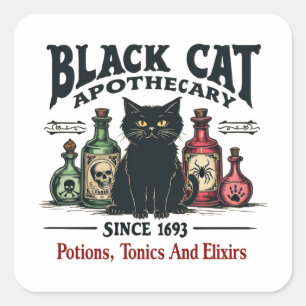 Retro Scary Black Cat Apothecary Witchy Wicca Square Sticker