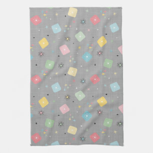 Retro Scattered Atomic Star Explosions Pattern Tea Towel