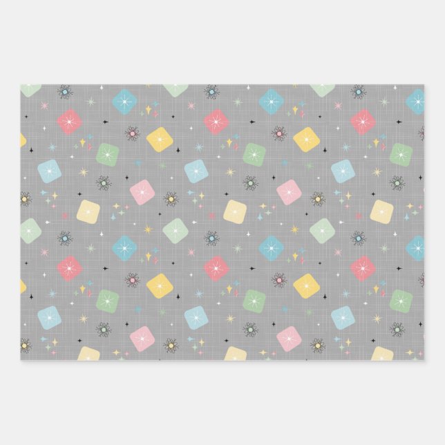 Retro Scattered Atomic Star Explosions Pattern Wrapping Paper Sheet (Front)