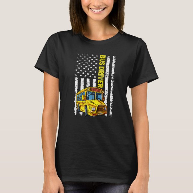 Retro School Bus Driver  Patriotic American Flag T-Shirt (Front)