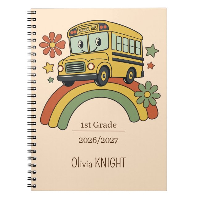 Retro School Bus Rainbow Back to School 1st grade Notebook (Front)