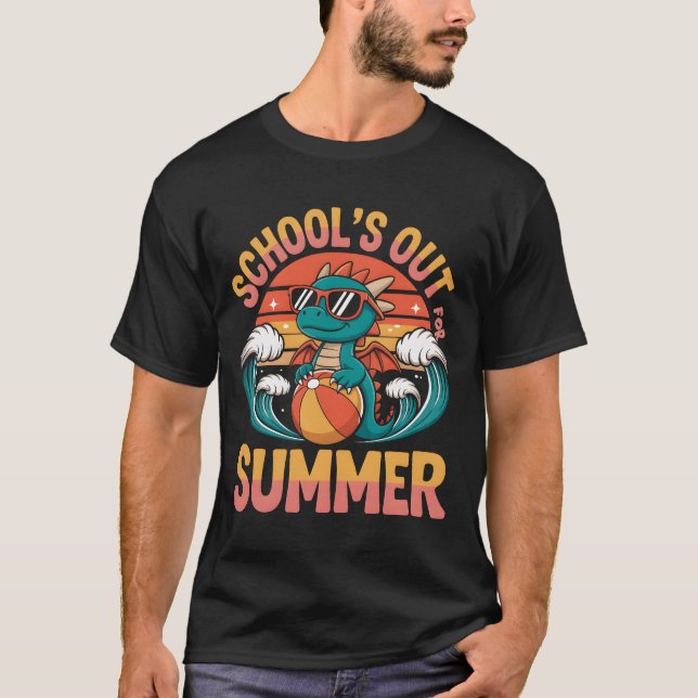 Retro Schools Out For Summer Teacher Dragon And Ba T-Shirt (Front)