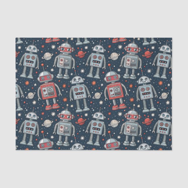 Retro Sci-Fi Adventure Space Robots Comic Pattern Tissue Paper (Front)