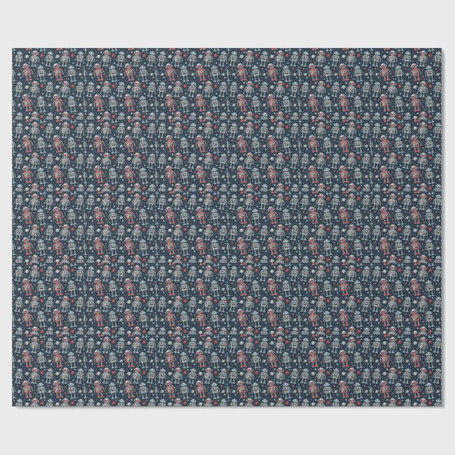 Retro Sci-Fi Adventure Space Robots Comic Pattern Wrapping Paper (Flat)