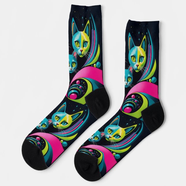 Retro Sci Fi Cartoon Cats Socks (Left)
