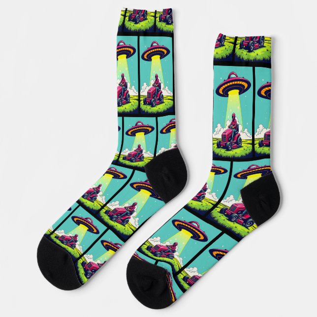Retro Sci Fi Cartoon Lawnmower and Rocket Ship Socks (Left)