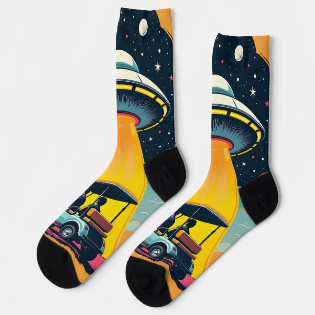 Retro Sci Fi Cartoon Rocket Ship and Golf Cart Socks (Left)