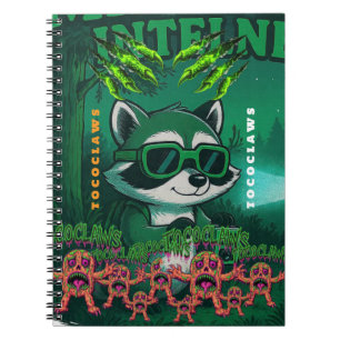 Retro Sci-Fi Comic Racoon Artwork with Neon Green Notebook
