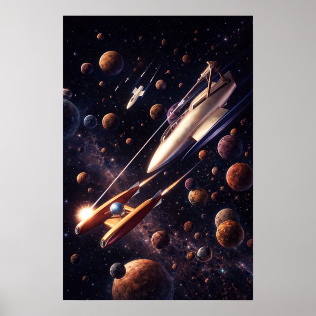 Retro Sci-Fi Fantasy Space Battle Art Poster (Front)