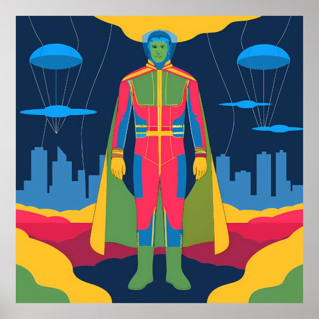 Retro Sci-Fi Hero Over Cityscape Poster (Front)