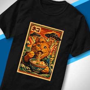 Retro Sci Fi Japanese UFO Funny Cat Eating Ramen T-Shirt