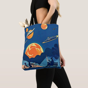 Retro Sci-Fi Planet Scene Tote Bag