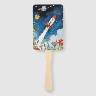 Retro Sci-Fi Rocketship Over A Night Garden Hand Fan