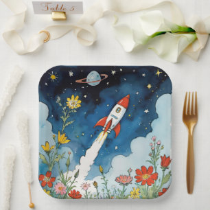 Retro Sci-Fi Rocketship Over A Night Garden Paper Plate