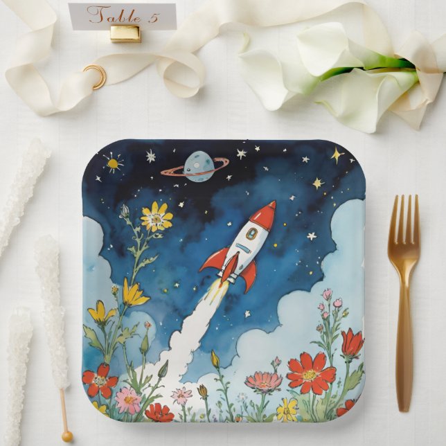 Retro Sci-Fi Rocketship Over A Night Garden Paper Plate (Wedding)