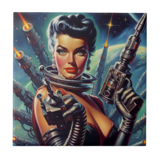 Retro Sci-Fi Woman Painting Ceramic Tile