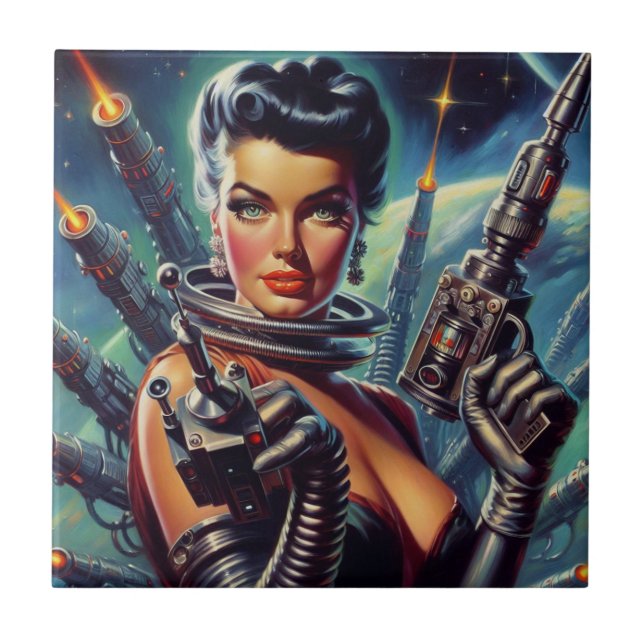 Retro Sci-Fi Woman Painting Ceramic Tile (Front)
