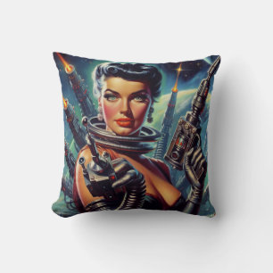 Retro Sci-Fi Woman Painting Cushion