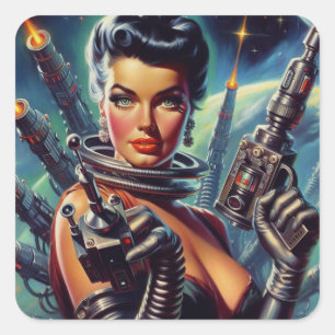 Retro Sci-Fi Woman Painting Square Sticker