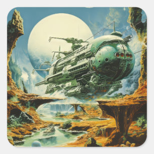 Retro Science Fiction Scene Square Sticker