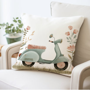 Retro Scooter Pillow, Vintage Floral Scooter Cushion