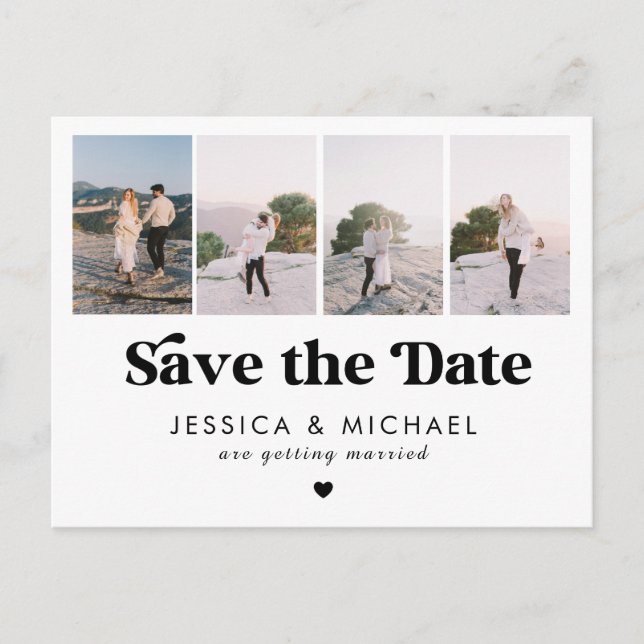 Retro Script 4 Photo Collage Wedding Save The Date Postcard (Front)