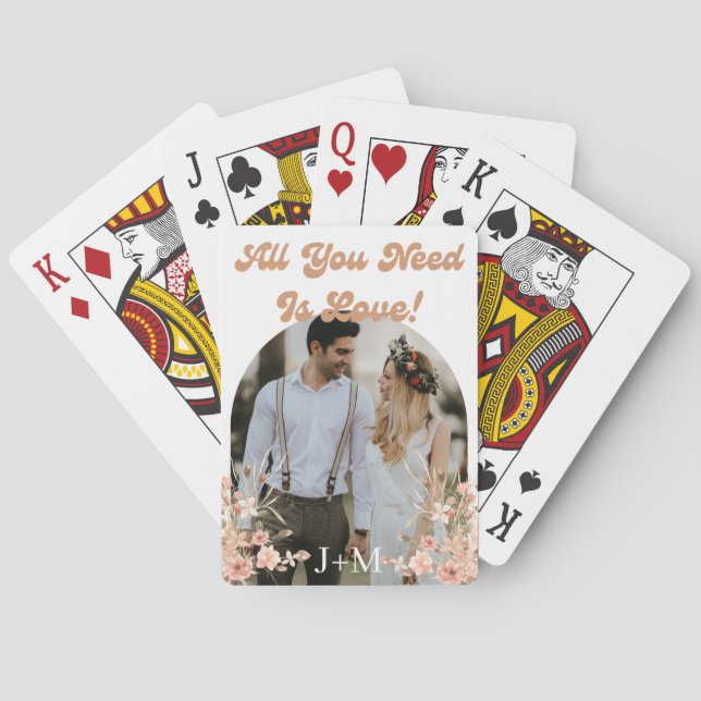  retro script arch botanical boho photo wedding playing cards (Back)