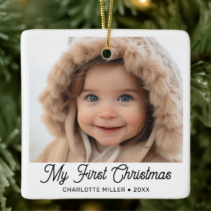 Retro Script Baby's First Christmas Photo  Ceramic Ornament