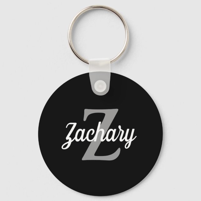 Retro Script Black Grey White Monogram Key Ring (Front)