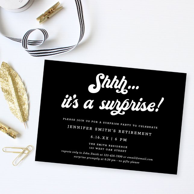 Retro Script Black Surprise Retirement Party Invitation (Creator Uploaded)