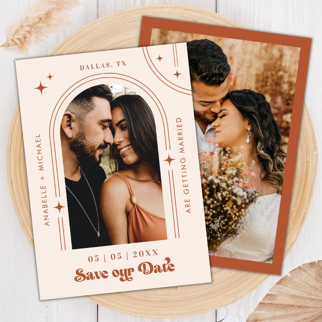 Retro Script Boho Arch Photo Terracotta Wedding Save The Date (Creator Uploaded)